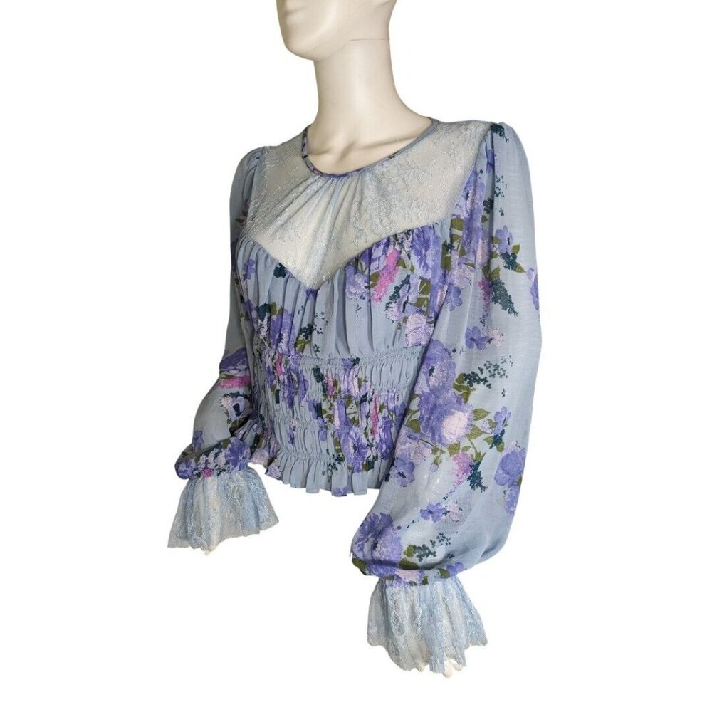 Free People Women's Size M Daphne Blouse Silver Blue Combo Smocked Cropped 37 - Picture 2 of 13